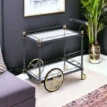 Black and Gold Rolling Bar Cart with Glass and Wine Storage