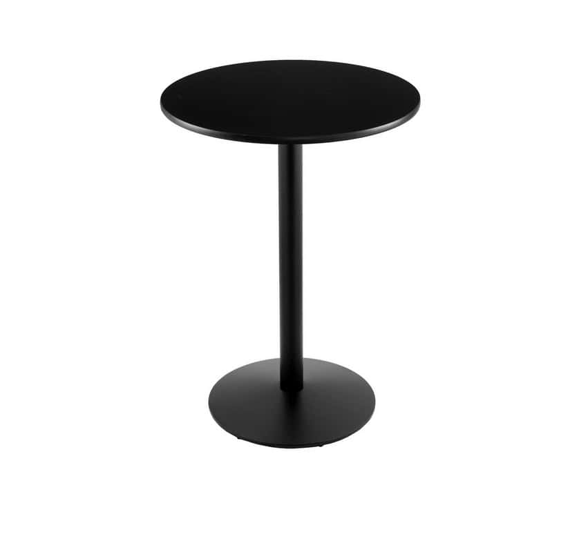 42-inch tall black table with reversible 24-inch black/dark cherry round top and round footed 22-inch base