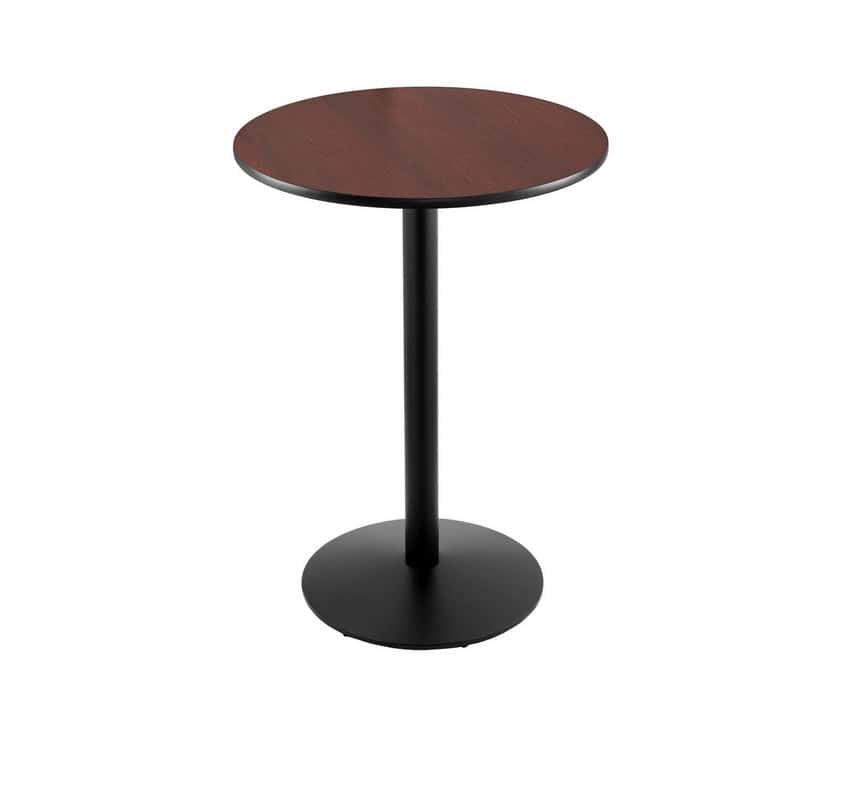 42-inch tall black table with reversible 24-inch black/dark cherry round top and round footed 22-inch base