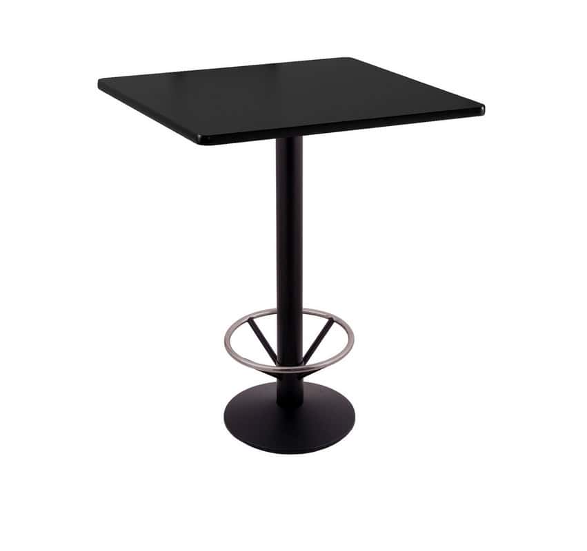 42-inch tall black table with reversible 30x30-inch black/dark cherry square top and round footed 16-inch base with foot ring