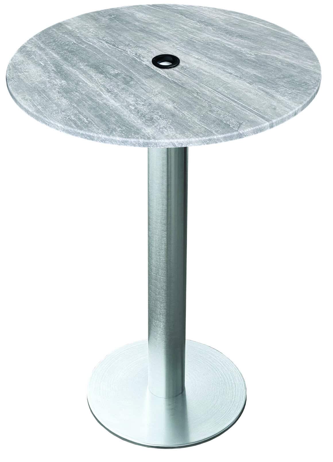 42-inch tall indoor/outdoor table with 36-inch diameter greystone round top with umbrella hole, brushed aluminum base, and 18-inch diameter foot