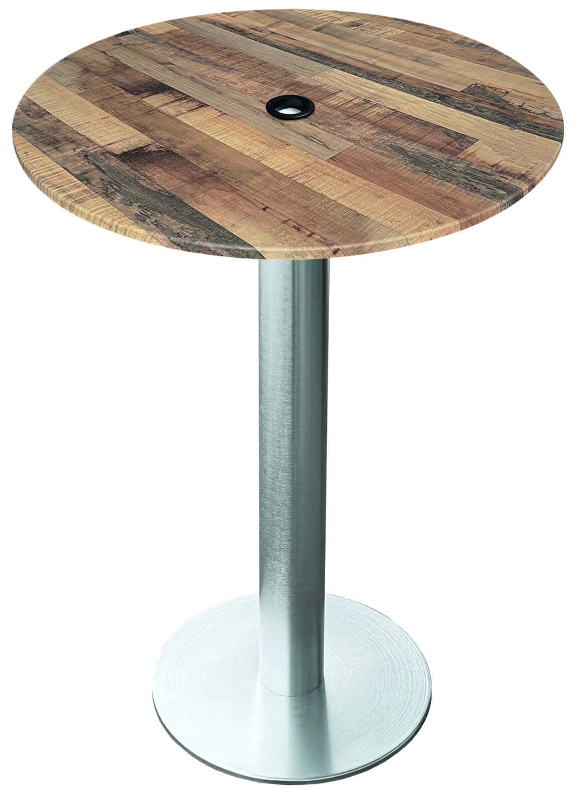 42-inch tall indoor/outdoor table with 32-inch diameter rustic round top with umbrella hole, brushed aluminum base, and 18-inch diameter foot