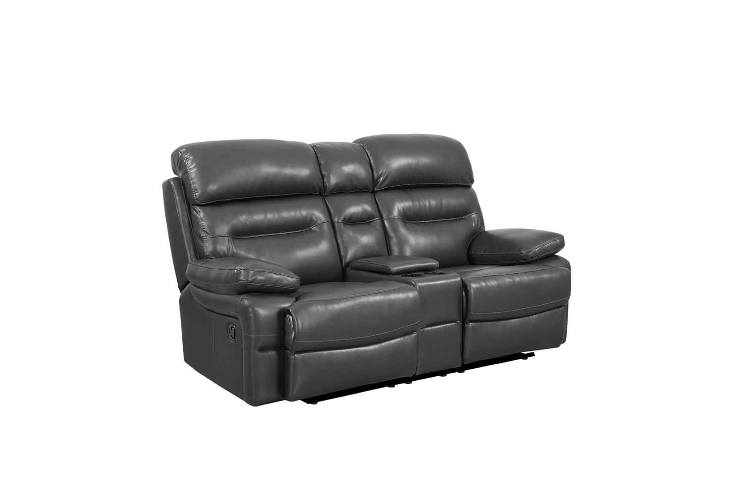 Gray Faux Leather Reclining Love Seat With Storage and Pillow Arms