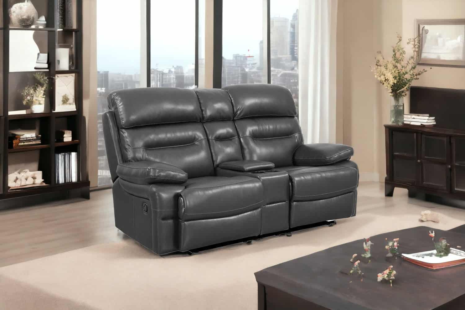 Gray Faux Leather Reclining Love Seat With Storage and Pillow Arms