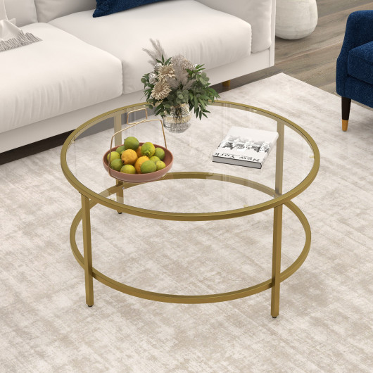36 Inch Round Tempered Glass Coffee Table with Metal Frame