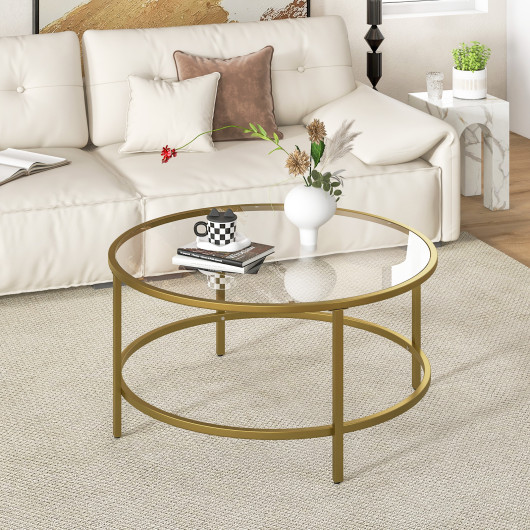 36 Inch Round Tempered Glass Coffee Table with Metal Frame