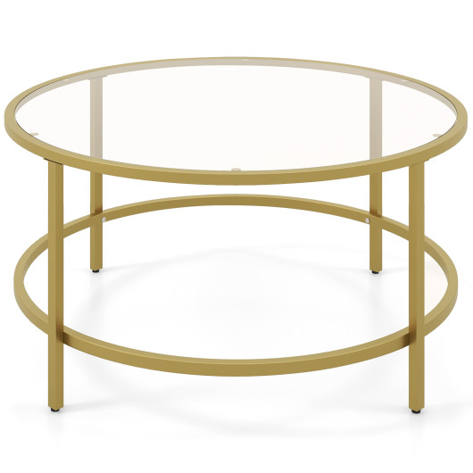 36 Inch Round Tempered Glass Coffee Table with Metal Frame