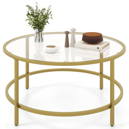 36 Inch Round Tempered Glass Coffee Table with Metal Frame