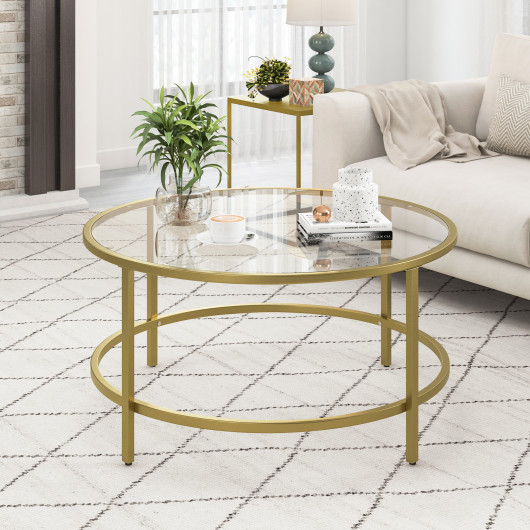 36 Inch Round Tempered Glass Coffee Table with Metal Frame