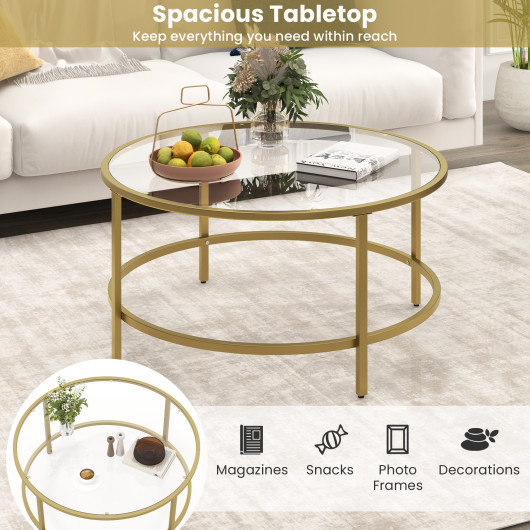 36 Inch Round Tempered Glass Coffee Table with Metal Frame
