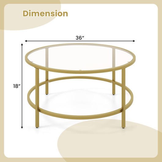 36 Inch Round Tempered Glass Coffee Table with Metal Frame
