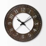 Industrial Round Metal Wall Clock in Rustic Brown Finish