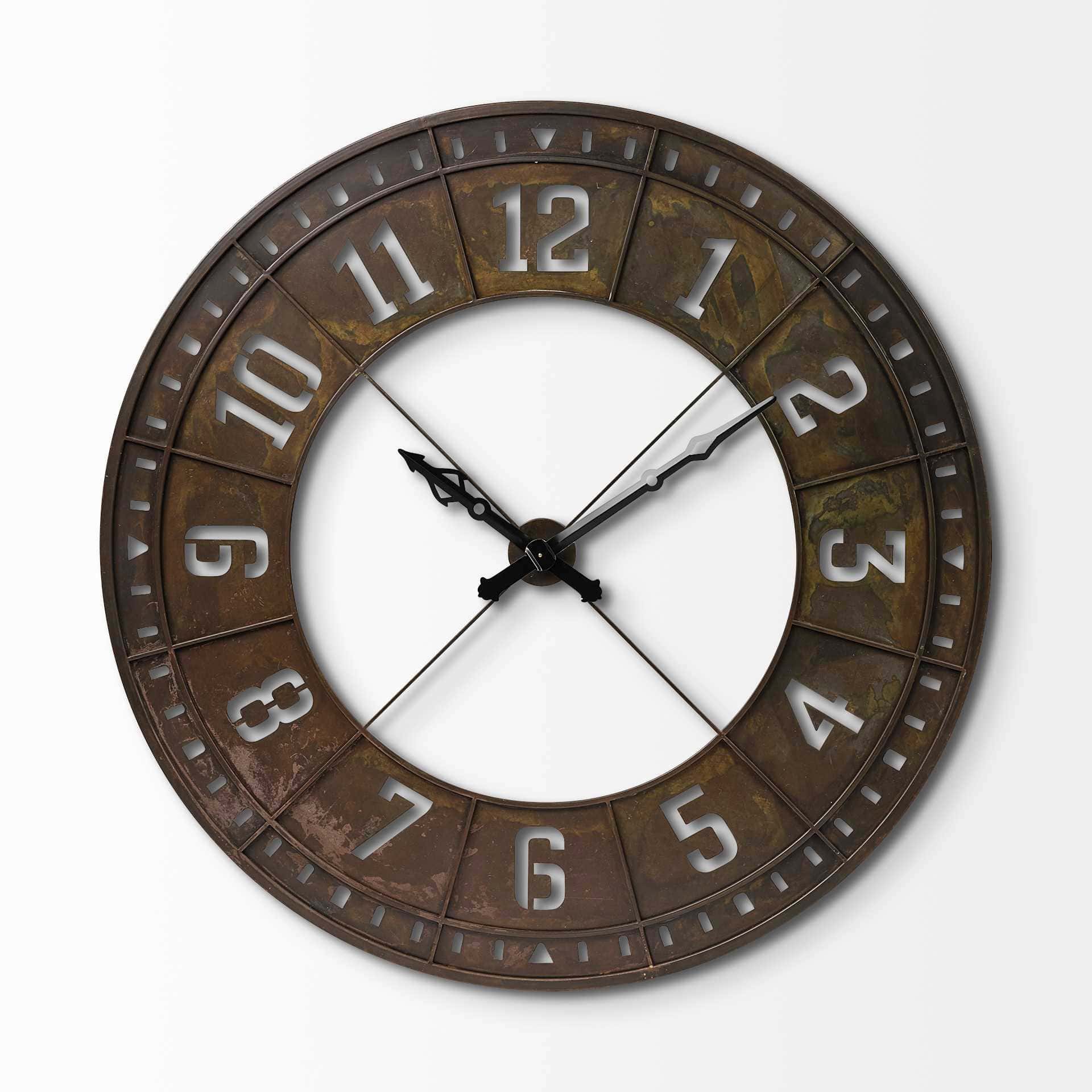 Industrial Round Metal Wall Clock in Rustic Brown Finish