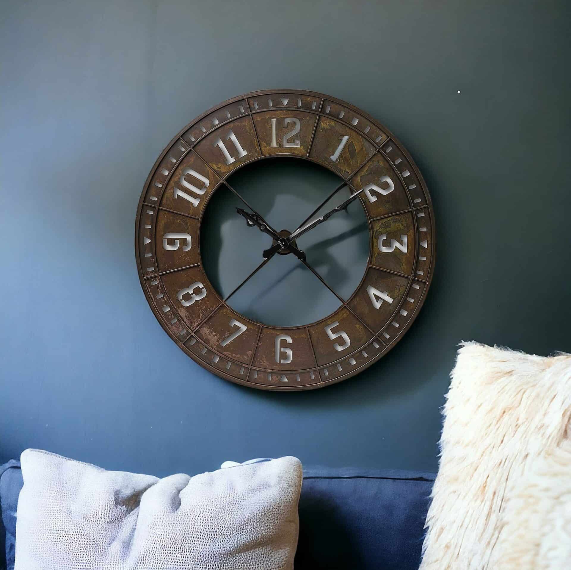 Industrial Round Metal Wall Clock in Rustic Brown Finish - Image 3