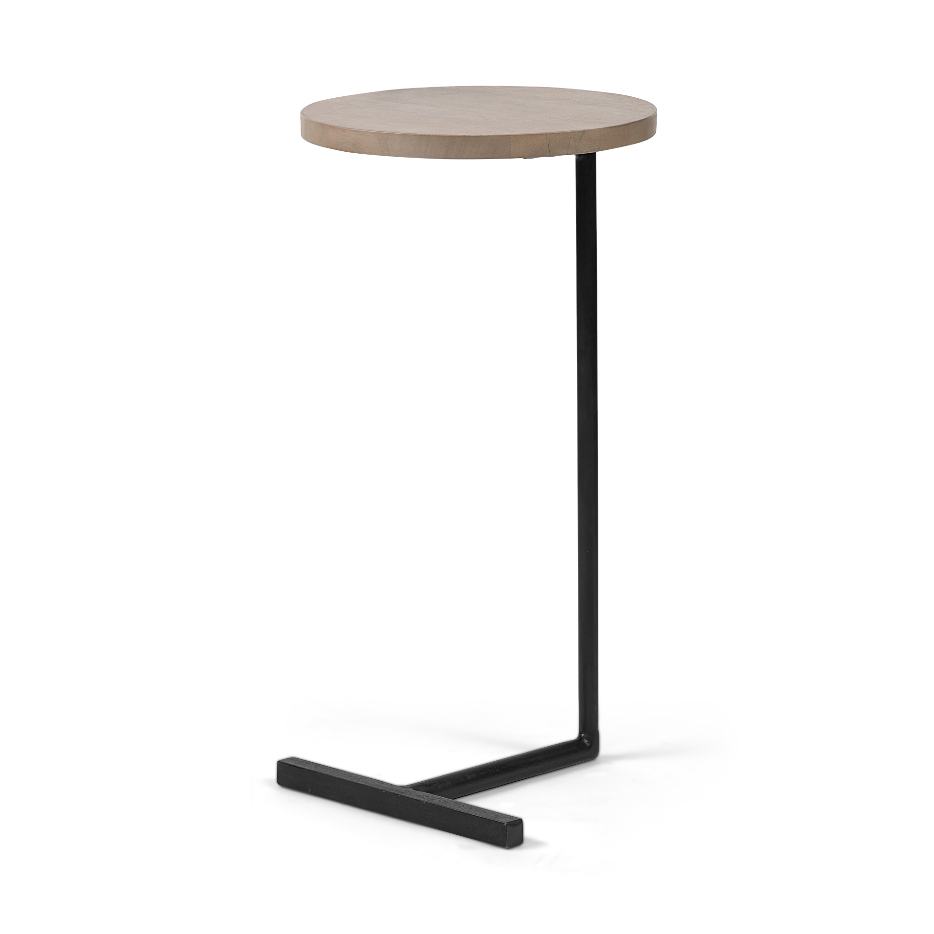 Brown Wood Round Top Side Table With Black Iron Base