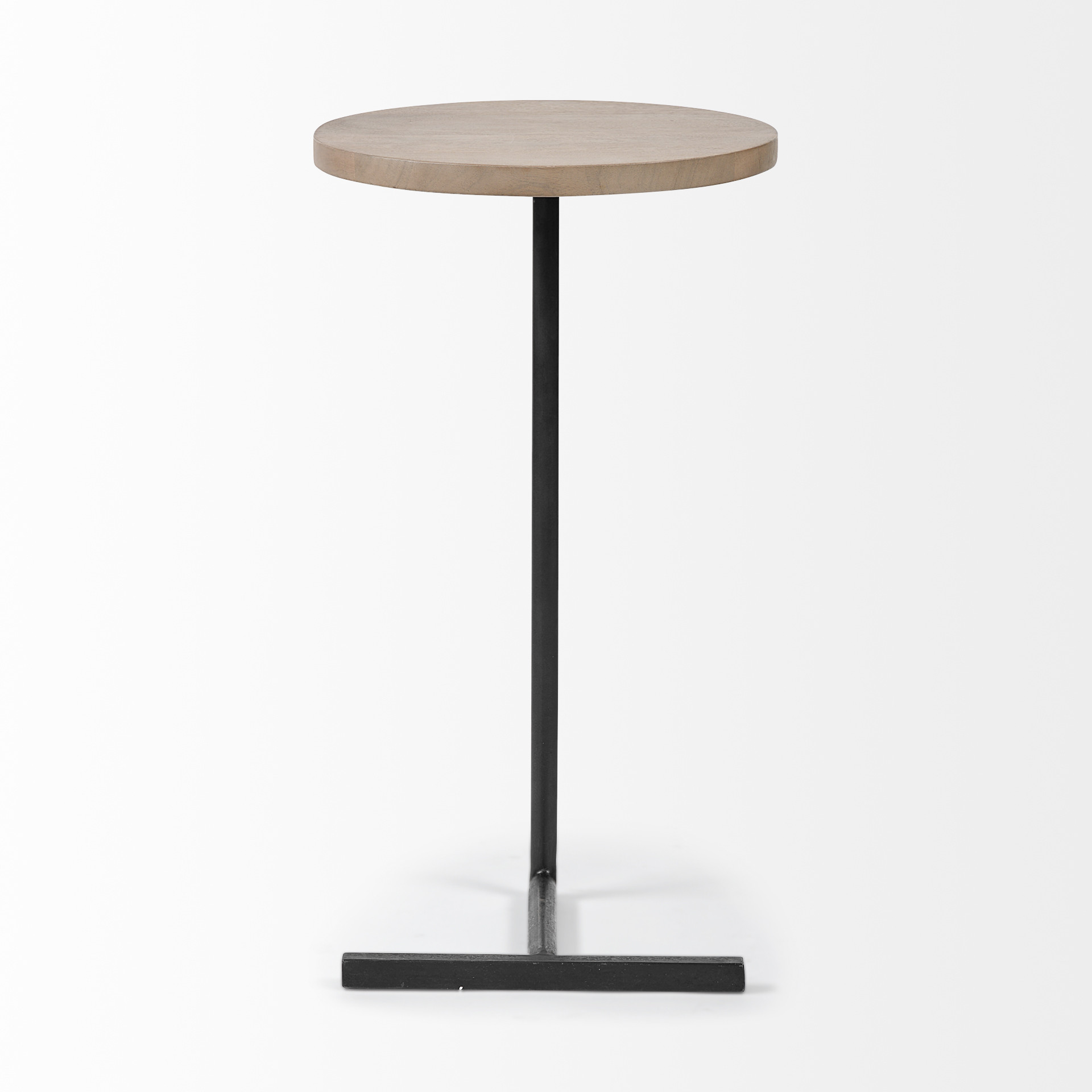 Brown Wood Round Top Side Table With Black Iron Base
