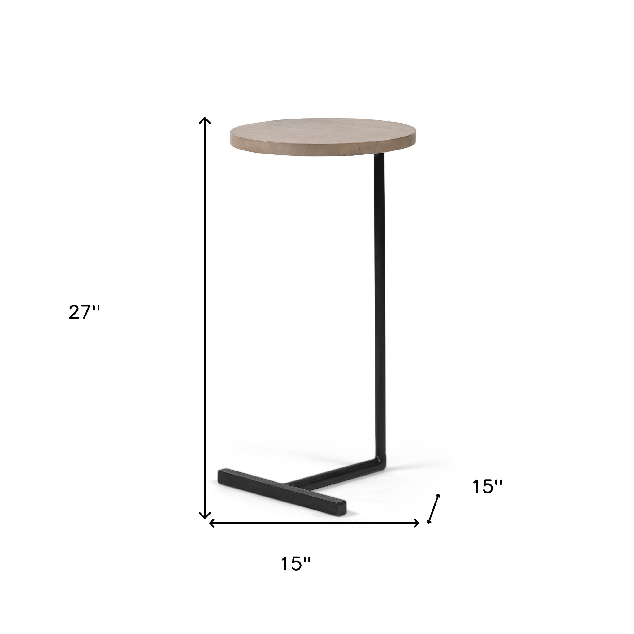 Brown Wood Round Top Side Table With Black Iron Base