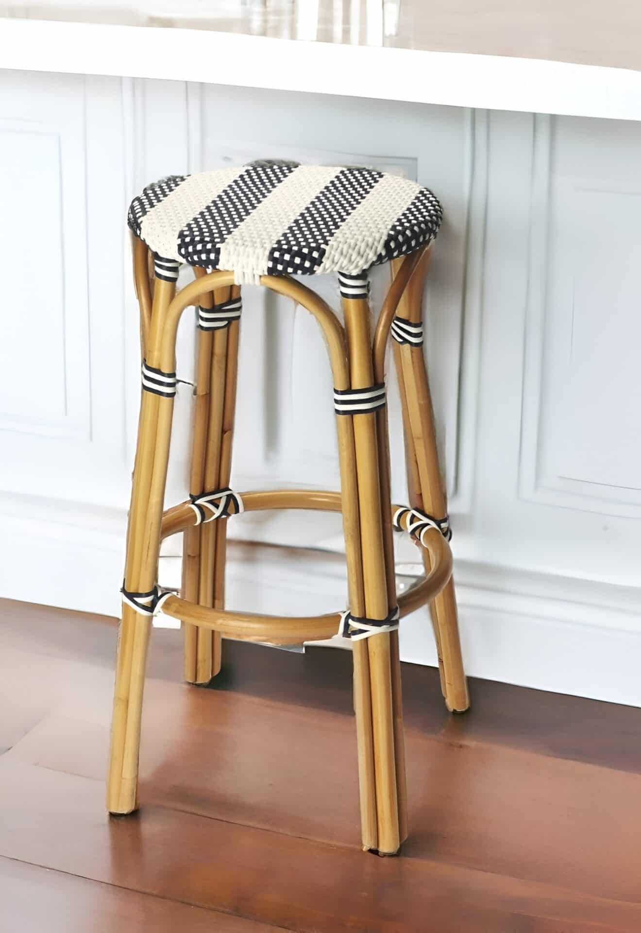 30-Inch Blue and White Backless Rattan Bar Stool