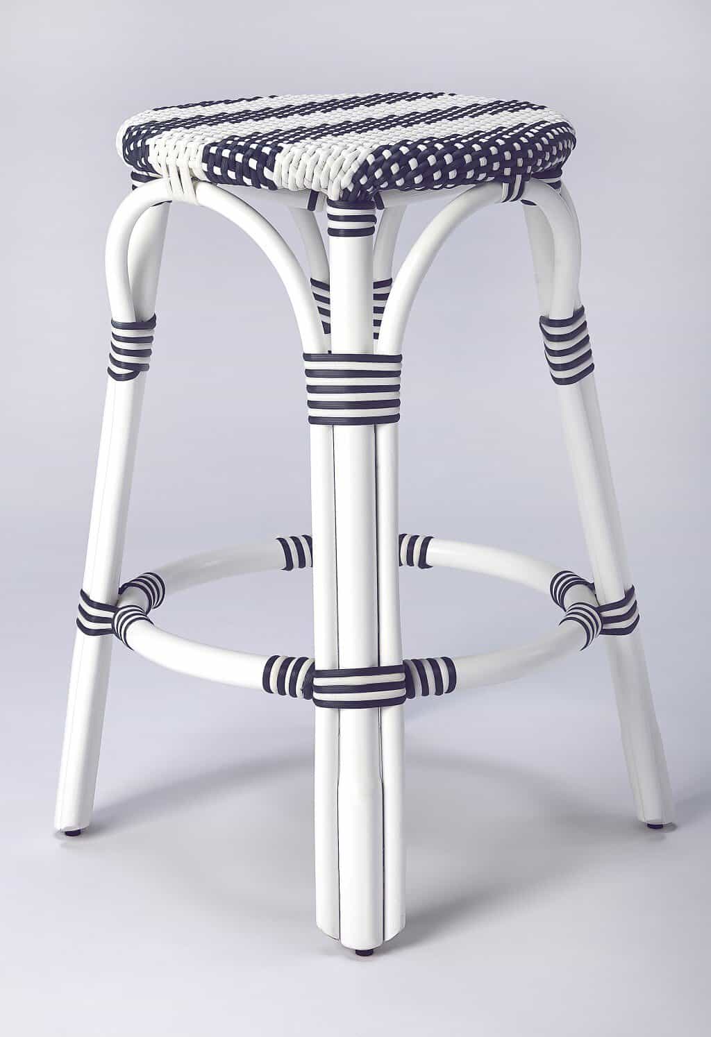24-Inch Blue and White Rattan Backless Counter Height Bar Stool - Image 7