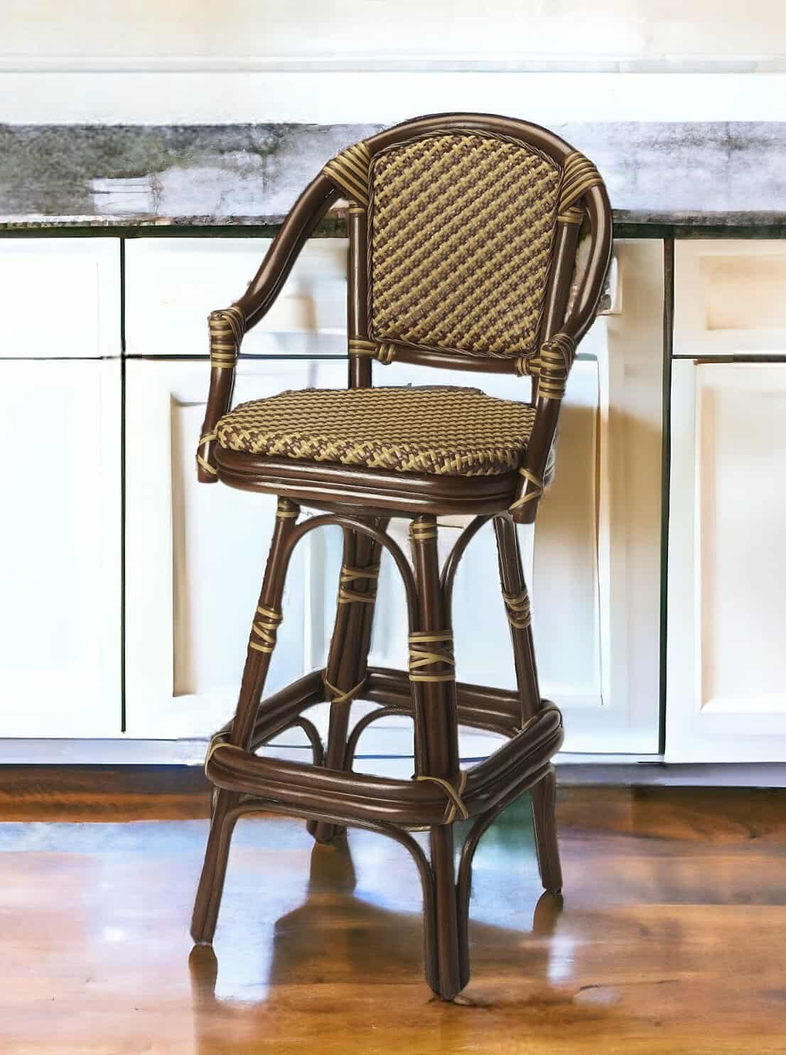 30-Inch Brown Heavy Duty Rattan Bar Stool With Armrests