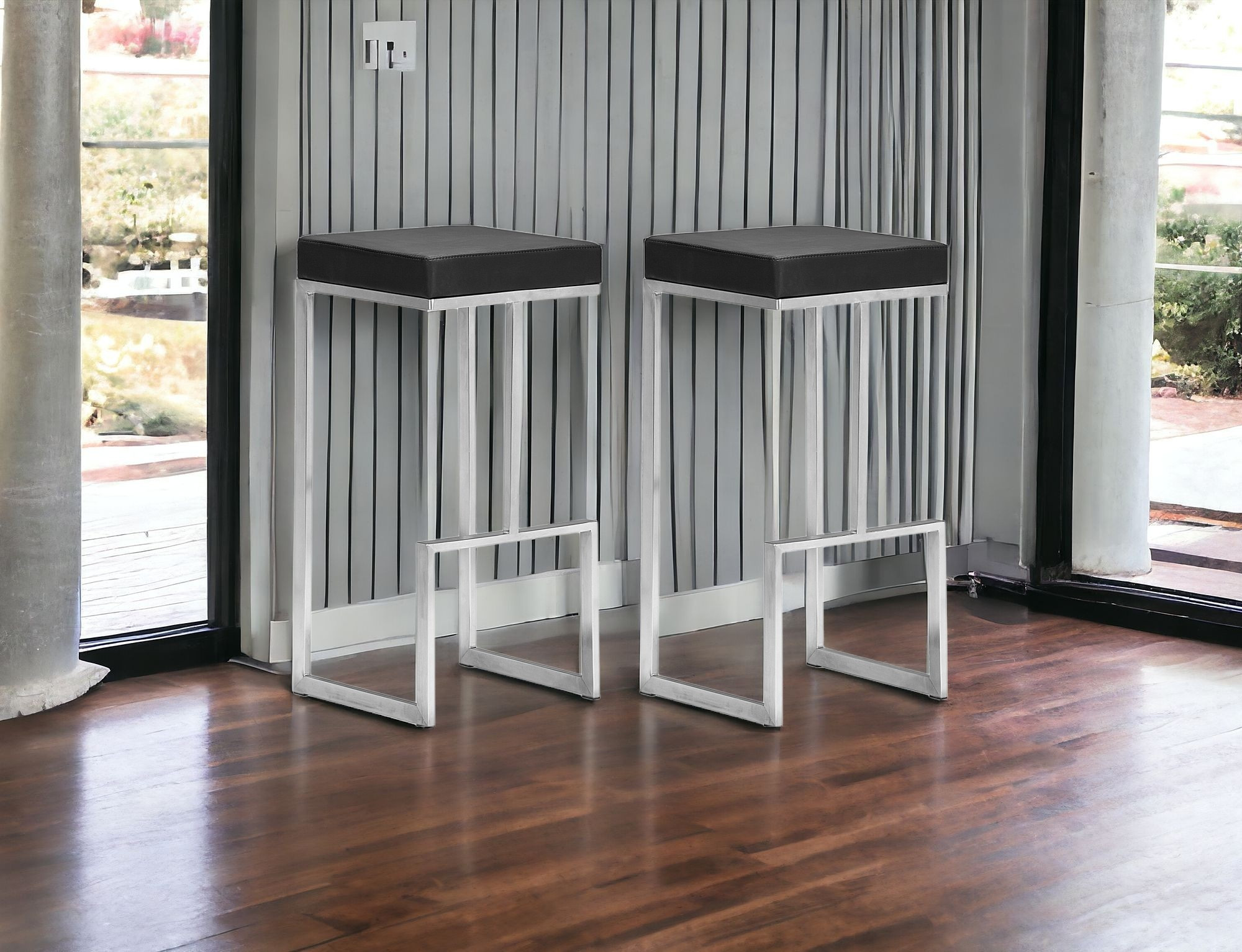 30 Inch Black and Silver Backless Bar Stools (Set of 2)