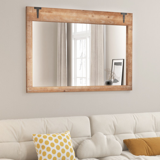 Farmhouse Barn Door Wall Mirror with Natural Wood Frame