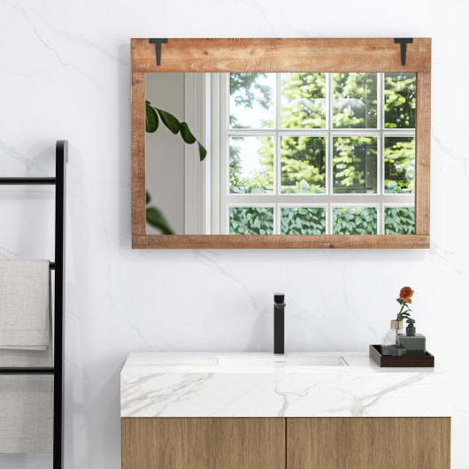 Farmhouse Barn Door Wall Mirror with Natural Wood Frame