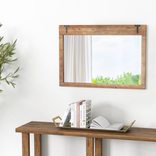 Farmhouse Barn Door Wall Mirror with Natural Wood Frame