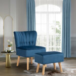 Velvet Upholstered Accent Chair and Ottoman with Wooden Legs (Set of 2)