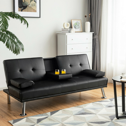 Convertible Leather Futon Sofa Bed with Cup Holders and Armrests