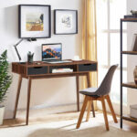 Modern Computer Desk with Drawers, Shelf, and Solid Wood Legs