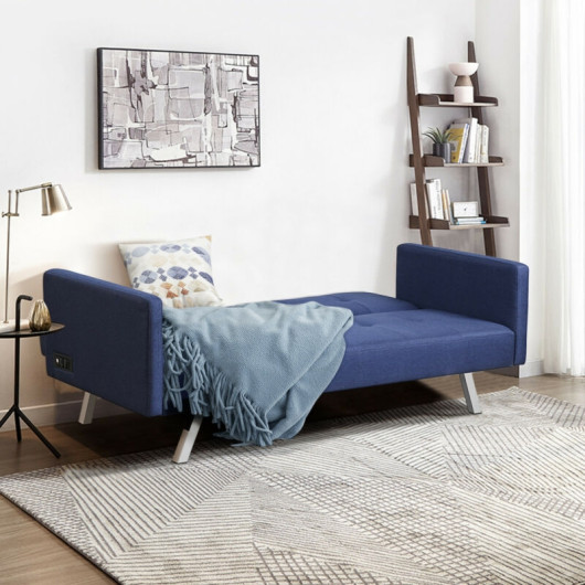 Convertible Linen Fabric Sofa Bed with USB and Power Strip