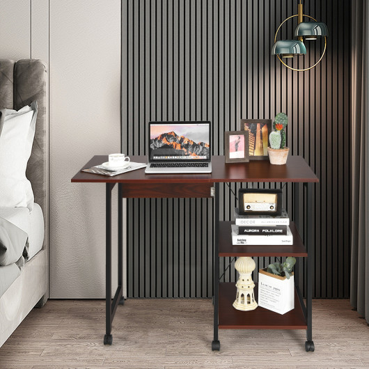 Folding Computer Desk with Storage Shelves and Lockable Wheels
