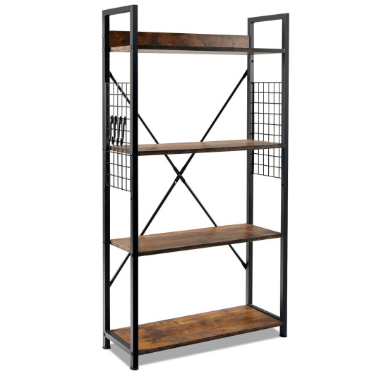 Industrial 4-Tier Bookshelf with Adjustable Shelf and Hooks