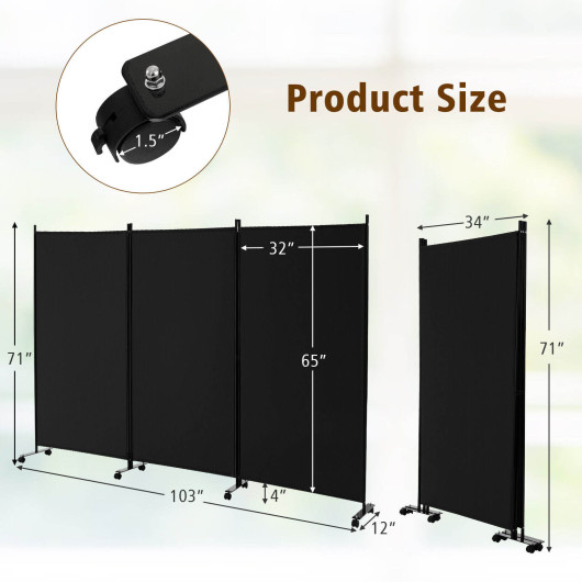 3 Panel Rolling Room Divider with Lockable Wheels
