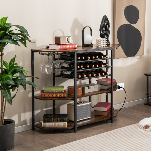 Industrial 3-Tier Wine Bar Cabinet with Glass and Bottle Storage