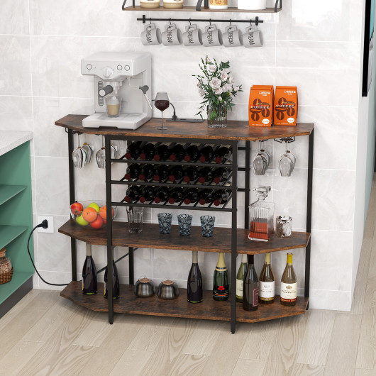 Industrial 3-Tier Wine Bar Cabinet with Glass and Bottle Storage