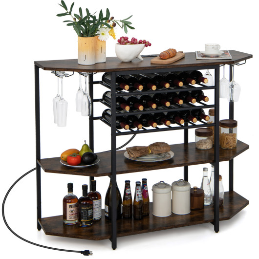 Industrial 3-Tier Wine Bar Cabinet with Glass and Bottle Storage