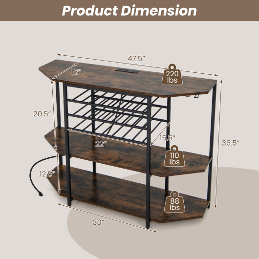 Industrial 3-Tier Wine Bar Cabinet with Glass and Bottle Storage