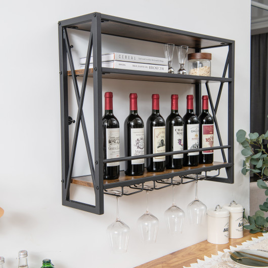 Industrial Wall Mounted Wine Rack with Glass Holder and Shelves