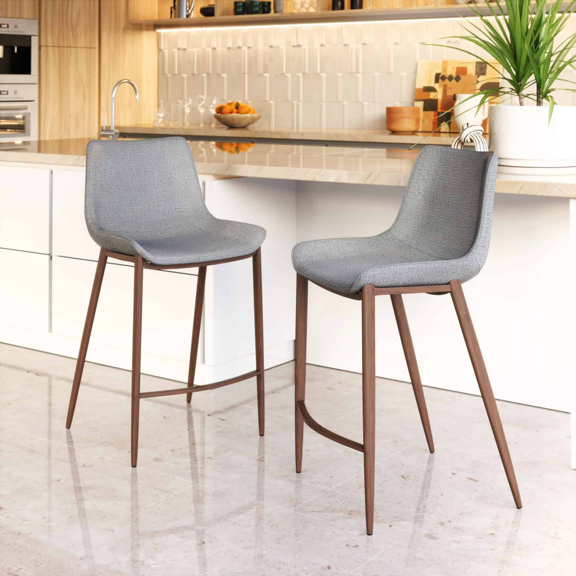 Slate Gray Faux Leather Counter Stool with Walnut Legs (Set of 2)