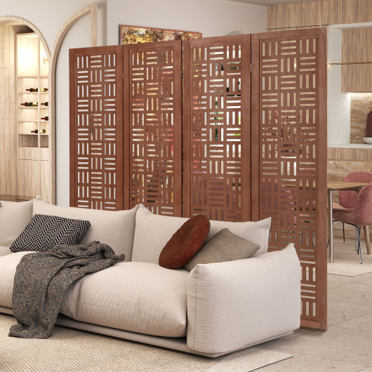 4-Panel Foldable Wood Room Divider with Carved Design