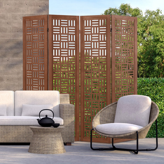 4-Panel Foldable Wood Room Divider with Carved Design