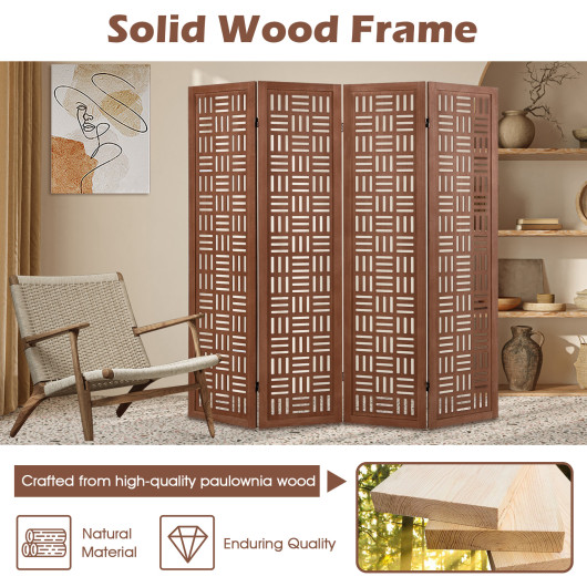 4-Panel Foldable Wood Room Divider with Carved Design