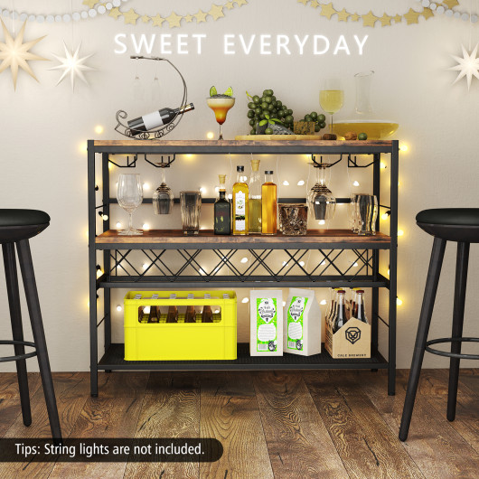 Rustic Brown 4-Tier Bar Table with Wine Rack and Holders - Image 2