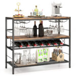 Rustic Brown 4-Tier Bar Table with Wine Rack and Holders