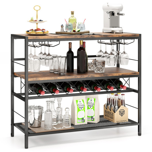 Rustic Brown 4-Tier Bar Table with Wine Rack and Holders - Image 4