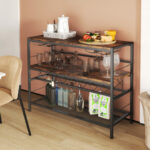 Rustic Brown 4-Tier Bar Table with Wine Rack and Holders