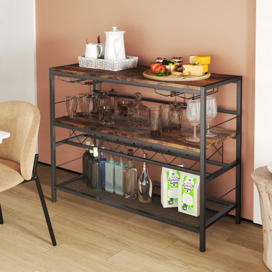 Rustic Brown 4-Tier Bar Table with Wine Rack and Holders - Image 6
