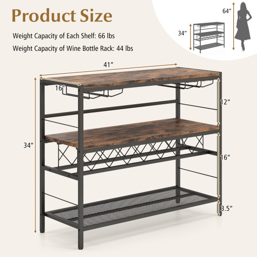 Rustic Brown 4-Tier Bar Table with Wine Rack and Holders - Image 5